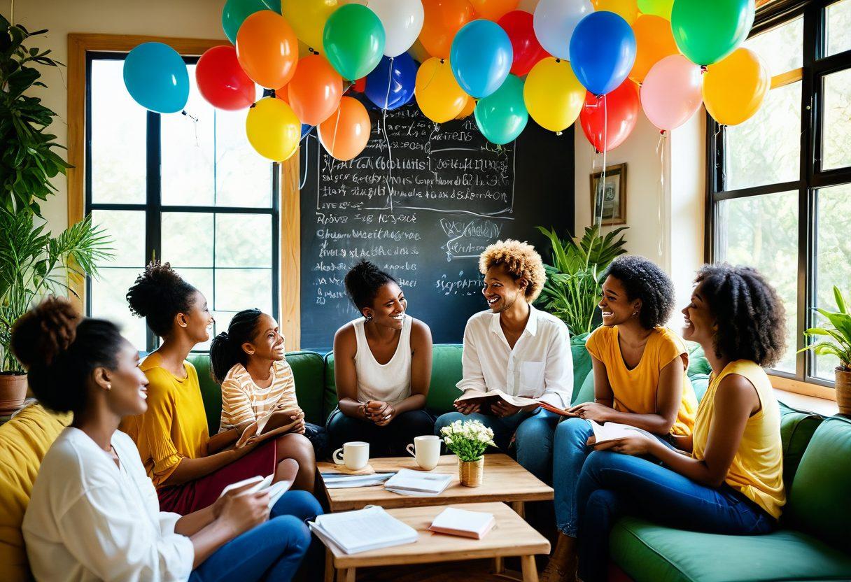 A diverse group of people sitting together in a cozy, sunlit room, sharing smiles and laughter, surrounded by plants and colorful decorations. Include elements of joy like balloons, books on happiness, and a chalkboard with positive affirmations. The warm, inviting atmosphere radiates positivity and connection. modern illustration. vibrant colors. soft textures.