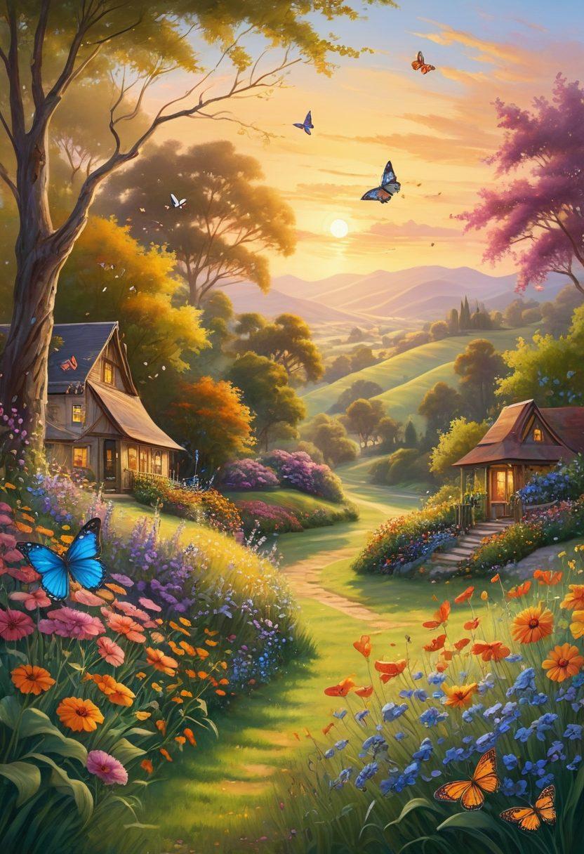 A serene landscape featuring a peaceful sunrise over rolling hills, where a diverse group of people engage in joyful activities like yoga, painting, and gardening, conveying a sense of harmony and community. Incorporate vibrant colors to evoke positive emotions and blissful living. Add whimsical elements like butterflies and flowers to enhance the joyful atmosphere. painterly style. vibrant colors. tranquil scene.